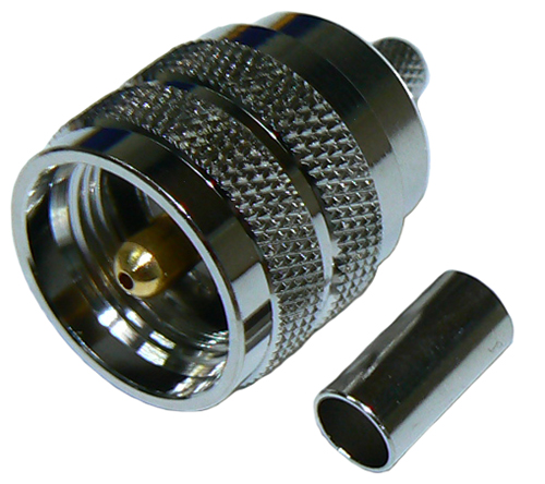 UHF male PL259, solder pin, crimp connector for MIL-SPEC RG58 coaxial cables, 50 Ohms – nickel plated